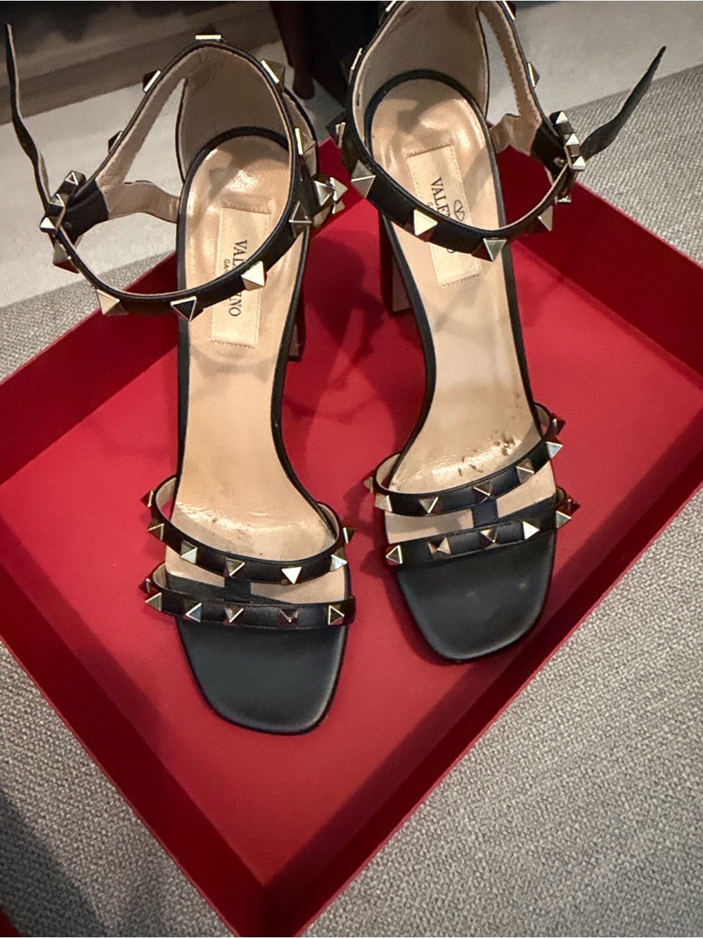 Valentino Black Leather Rockstud Ankle-Strap Heels